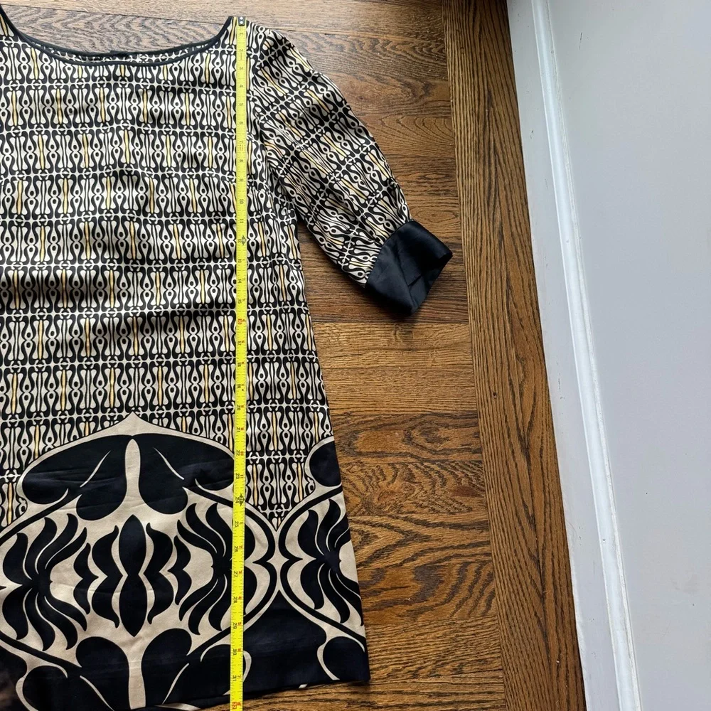 Claude Brown 100% Silk Black and Cream Patterned Women's Shift Dress 2 - Picture 11 of 13
